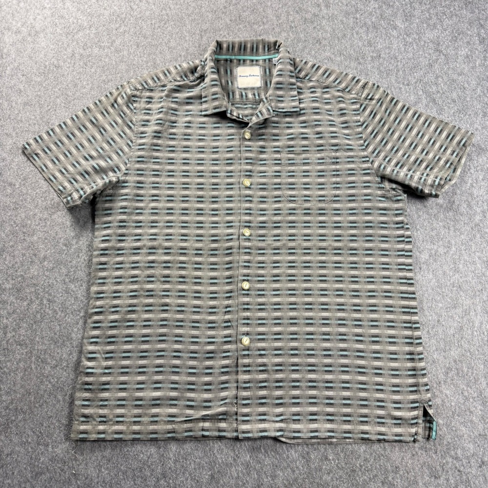 Tommy Bahama Mens Camp Shirt Large Gray Geometric Print Heritage Silk Cotton - Picture 2 of 11